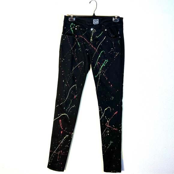 Tripp nyc Denim - Tripp NYC Jeans Sz 9 Black Splatter Stretch Skinny Skull Rivet Punk Goth Emo Y2K